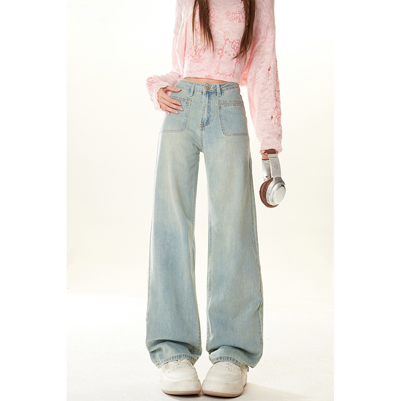 (2개) 자연 수렴 미국 복고풍 좁은 청바지 여성의 2024 가을과 겨울 새로운 기모 높은 허리 스트레이트 바지