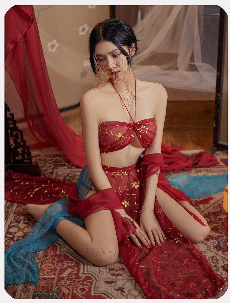 Chiffon Roleplay Nightdress Set with Top, Skirt and Thong, Sheer Mesh Style, One Size — detail image 10
