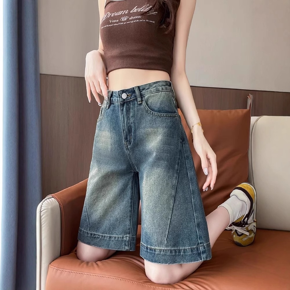 여성을위한 세련된 복고풍 데님 와이드 레그 반바지 2025 여름 새로운 느슨한 슬림 스트레이트 캐주얼 중간 바지
