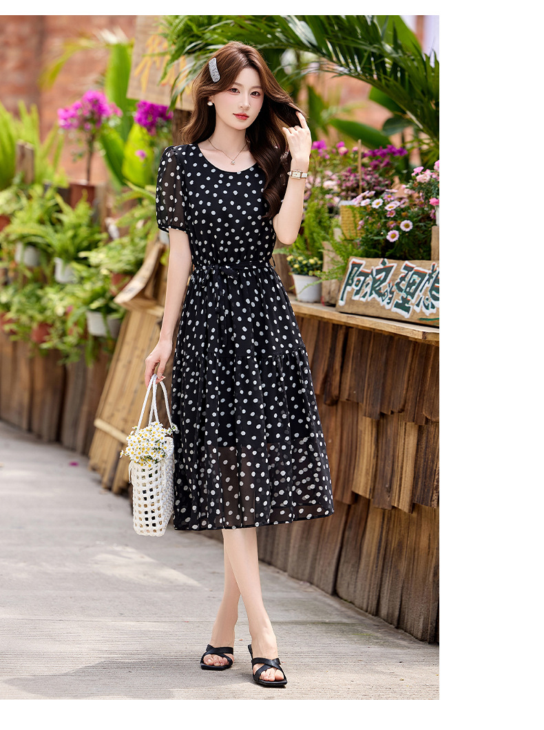 Đầm maxi nữ thắt eo chấm bi tay ngắn phong cách thời trang — màu đen, màu trắng chi tiết 13