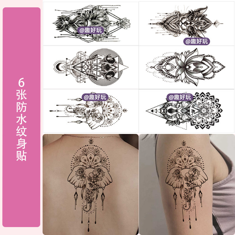 Cross-Border European and American Tattoo Stickers Wholesale Black and White Lotus Wolf Head Totem Flower Arm Scar Cover Temporary Waterproof Tattoo Stickers