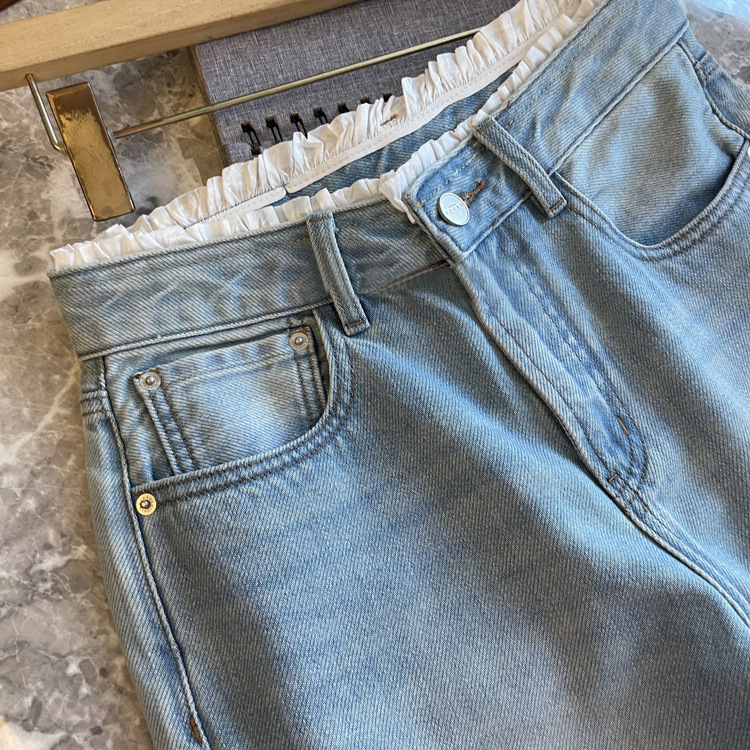 Do not hesitate to stay!!! Girly feeling early spring lace waist, high waist narrow straight tube slim jeans for women