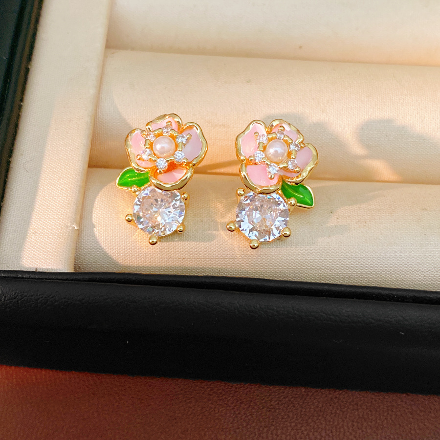 Aguja de plata zircon goteo flor tulipa perla pendientes temperamento dulce delicado pendientes ligeros lujosos de alta calidad pendientes