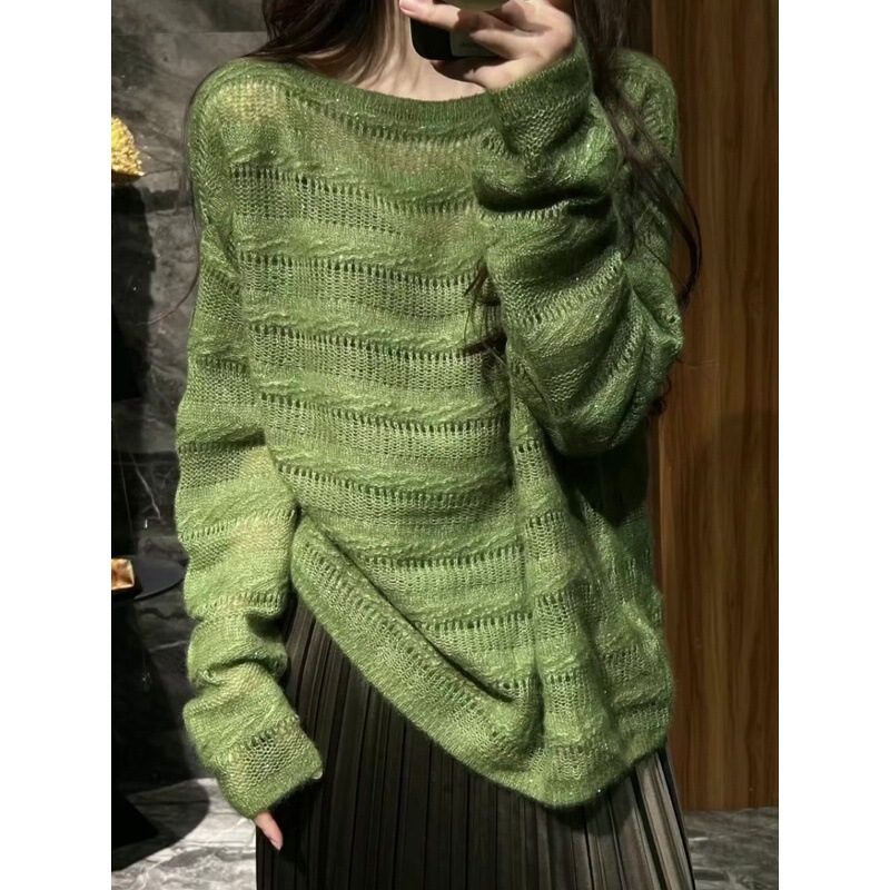 Early Autumn Looks Great, Popular Korean Style, Relaxed Green Loose Knitted Tops, Lazy Style High-End Sweaters