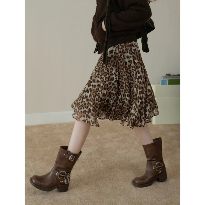 Jomi Brown Leopard Print Draped Skirt for Women, Spring and Autumn High-Waisted Elegant A-Line Slimming Casual Ruffled Midi Skirt Jomi Brown Leopard Print Draped Skirt for Women, Spring and Autumn High-Waisted Elegant A-Line Slimming Casual Ruffled Midi Skirt