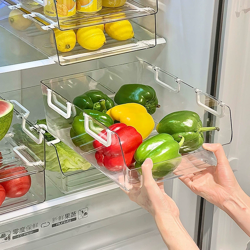 Refrigerator storage box — stackable transparent drawer, front‑pull, small and large sizes