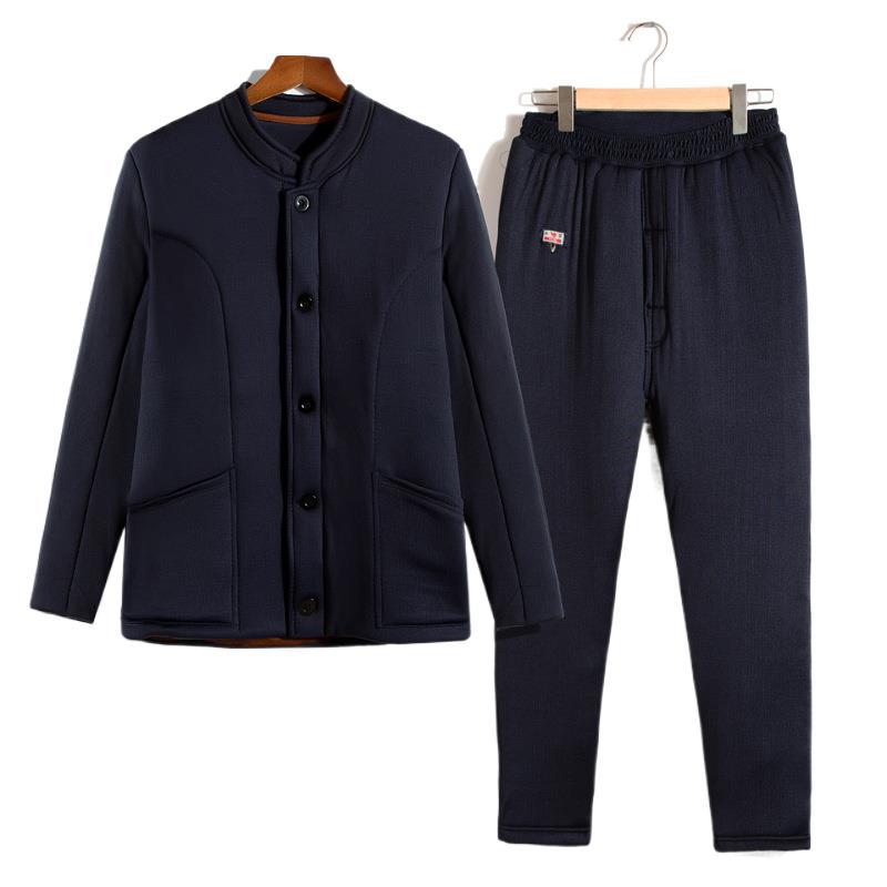 中老年驼绒套装男士冬季保暖两件套加绒加厚棉袄老人爸爸棉衣棉裤