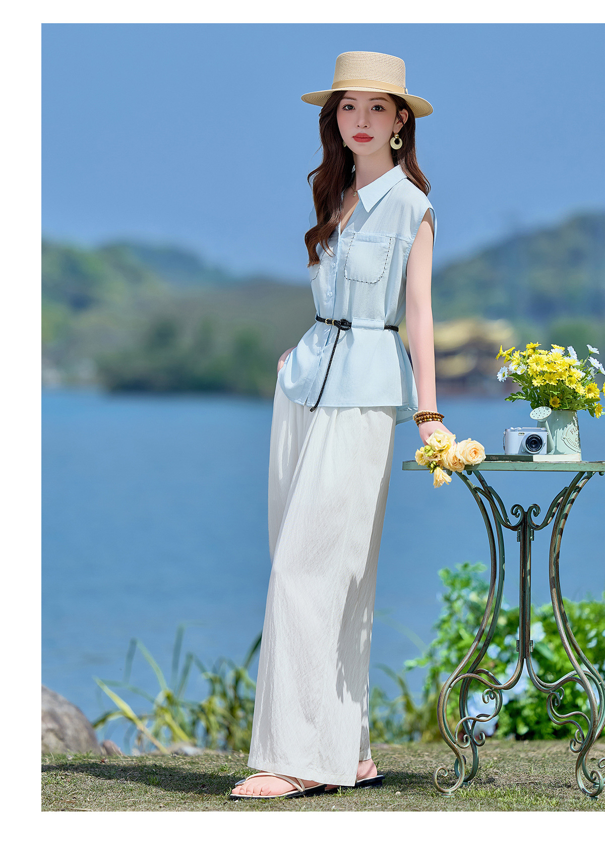 Bộ quần áo nữ mùa hè 2026 sơ mi dây buộc kết hợp quần ống rộng hai mảnh — xanh lam, màu vàng chi tiết 16