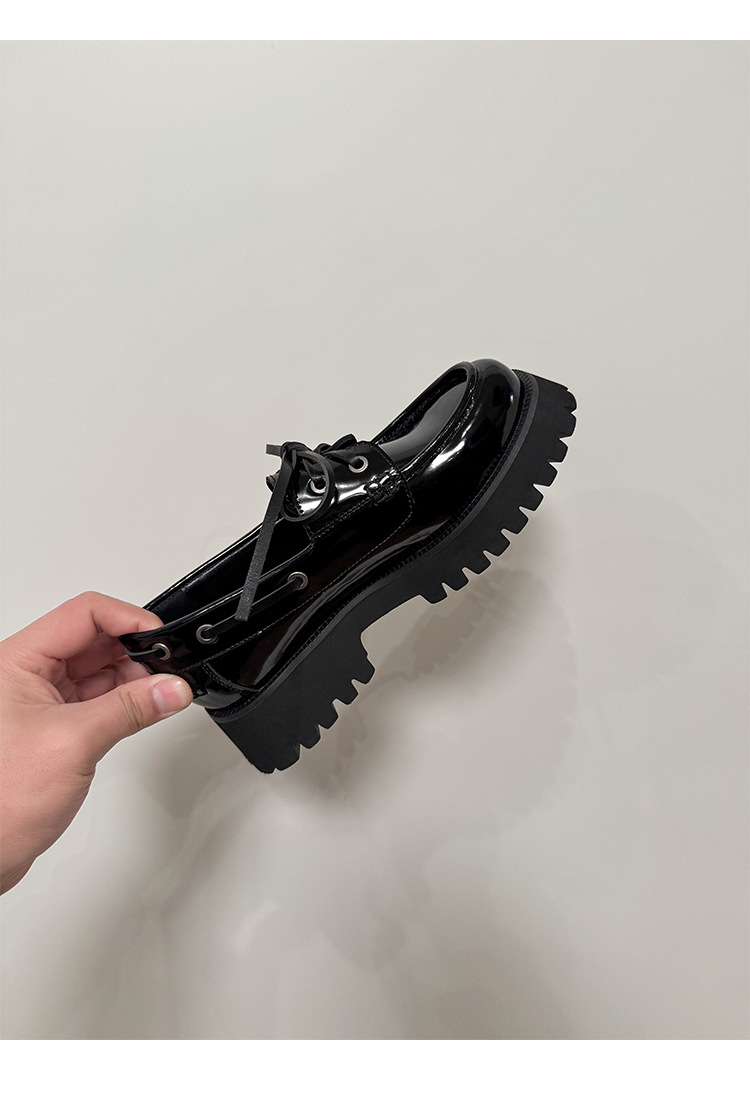 Giày loafer nữ đế dày mũi tròn buộc dây da bò — Đen (bóng) chi tiết 10