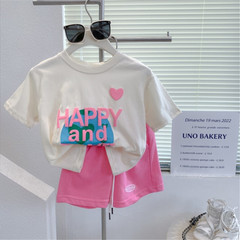 童裝女童短袖運動套裝 2024夏新款休閒字母印花圓領T恤短褲兩件套