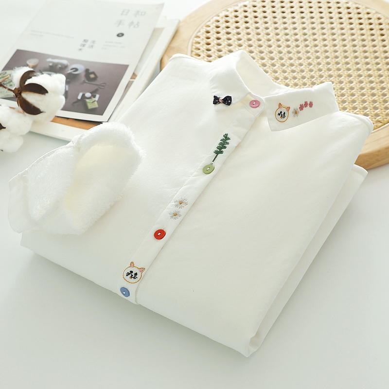 fleece-lined White Shirt Women's Long-sleeved Warm Thickened Base Top Winter Japanese Style Fun Embroidered Cotton Inner Shirt