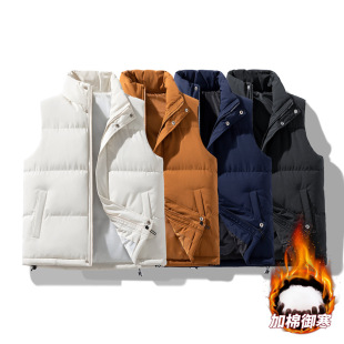 Men's Autumn and Winter Sleeveless Vest, Warm Cotton-Padded Jacket with Stand Collar, Thickened for Warmth