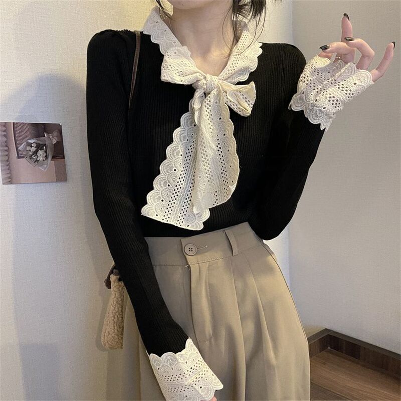 2026 Autumn/Winter French Retro Elegant Style Lace Patchwork Bow Tie Knitted Sweater 2026 Autumn/Winter French Retro Elegant Style Lace Patchwork Bow Tie Knitted Sweater