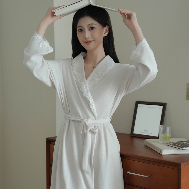 New French Style Nightgown Gentle Lace Waist Elegant Long Pajamas Comfortable Warm Home Robe 7588