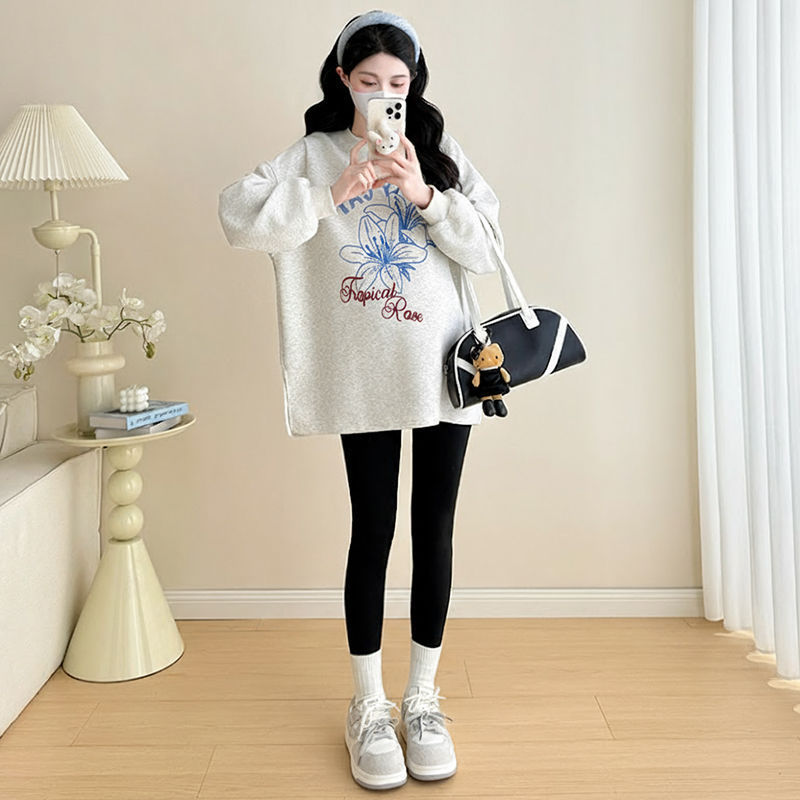 孕妇装2025秋冬新款复古花朵印花卫衣宽松慵懒风时尚显瘦纯棉上衣|undefined