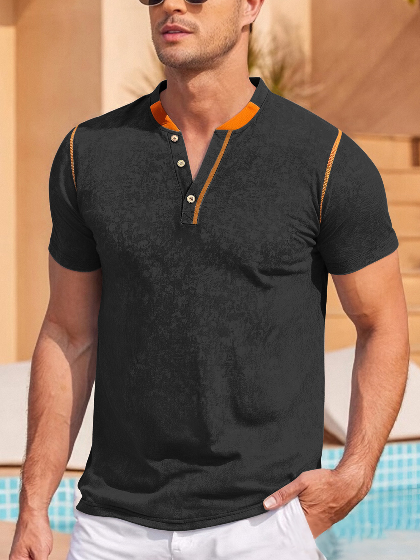 Monochrome Man- 25 European And American Men's Clothing Button Henry T-Shirt Foreign Trade Tough Guy Outdoor Sports Casual Top_viptrois.com