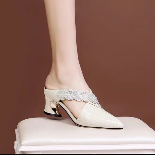 Summer New Korean Style Fashion Pointed Toe Slides with Thick Heels, Water Diamond Decor, for Women