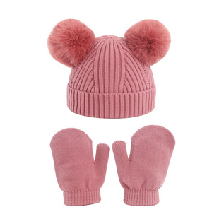 Winter Children's Double Fur Ball Knitted Hat Gloves Two-piece Set Baby Warm Wool Hat Set Boys' Girls' Hat