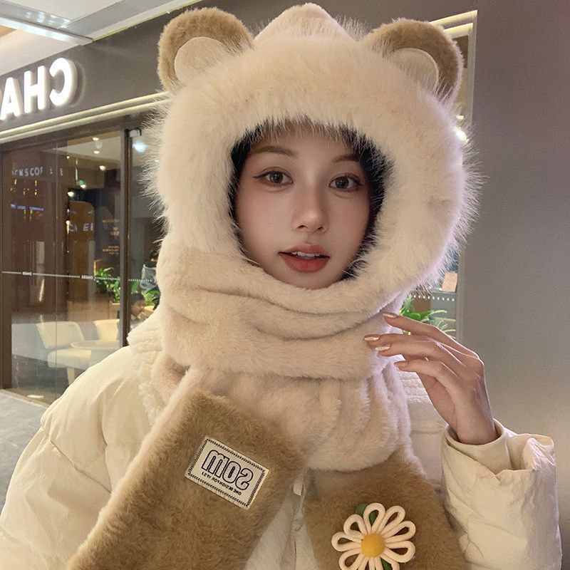 时尚可爱小熊围巾手套一体毛绒帽子女显脸小户外防寒保暖护耳帽潮|undefined