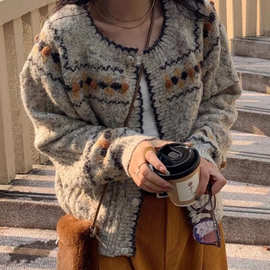 春秋冬新款韩系设计感毛衣女慵懒风宽松复古外套针织开衫上衣外穿