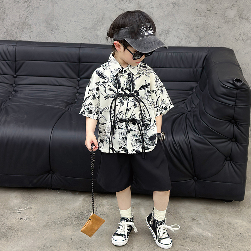 Children's Summer Shirt Set, Modern Chinese Hanfu Style, 2024 New Arrival, Stylish Boy, Ancient Style Short Sleeve, Trendy