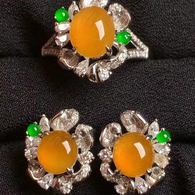 新品翡翠套装首饰水润通透完美无瑕18K金钻镶嵌翡翠戒指耳钉首饰|ru