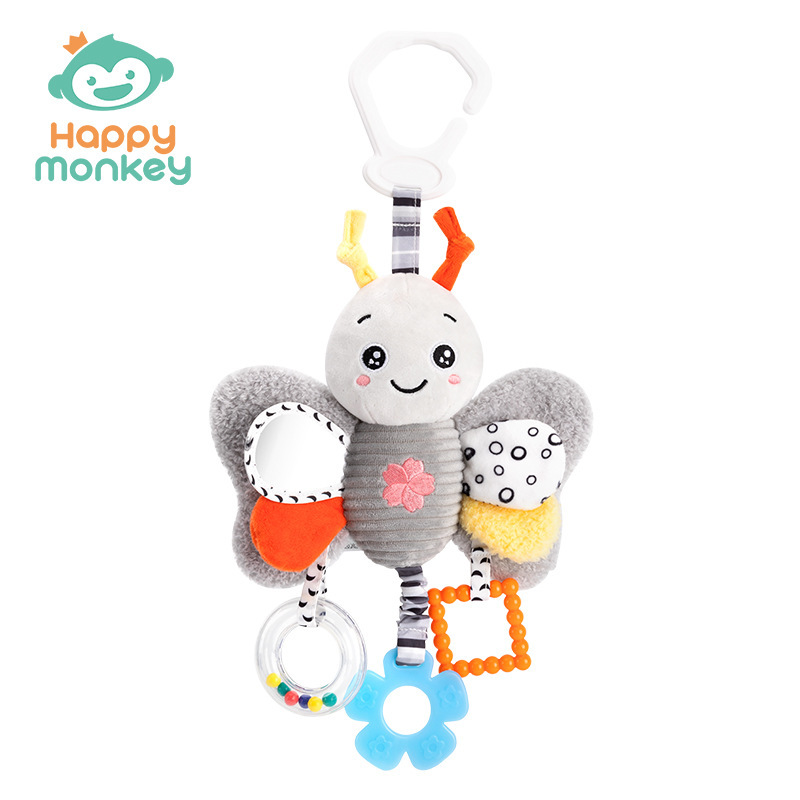 Happy monkey recién nacido calmar muñeca coche colgar cama colgar campana bebé campana cama juguetes de educación temprana para bebés