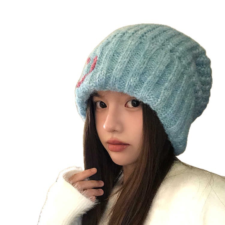 可爱笑脸针织毛线帽子女秋冬加厚防风显脸小包头帽韩系护耳保暖帽|undefined