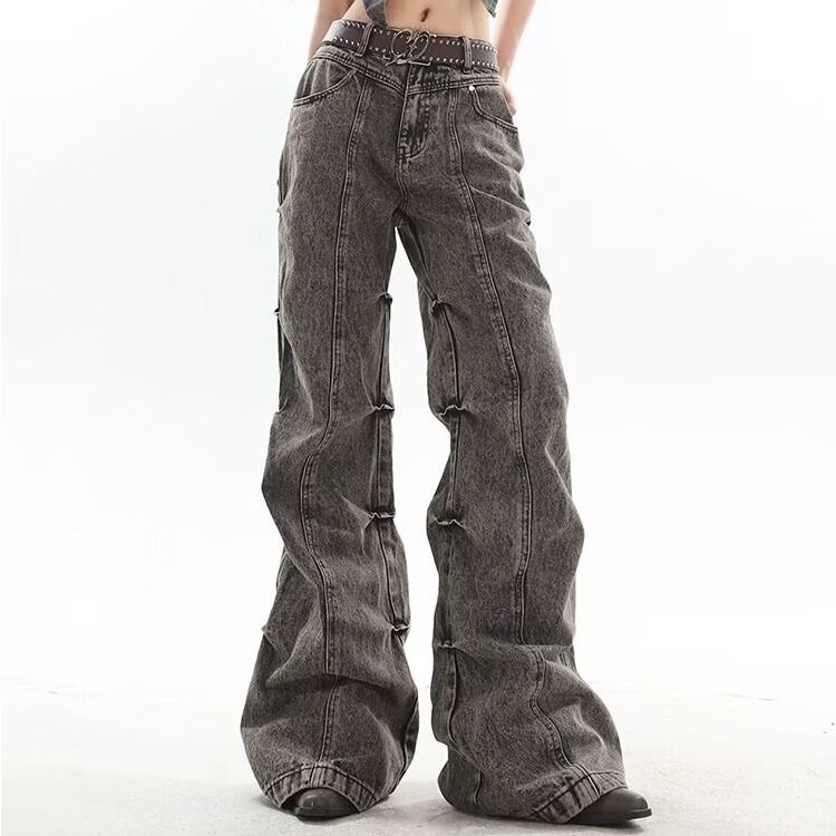 2024 Retro Stacked Straight Washed Jeans High Street Design Sense Pocket Casual Caught Pants for Boys