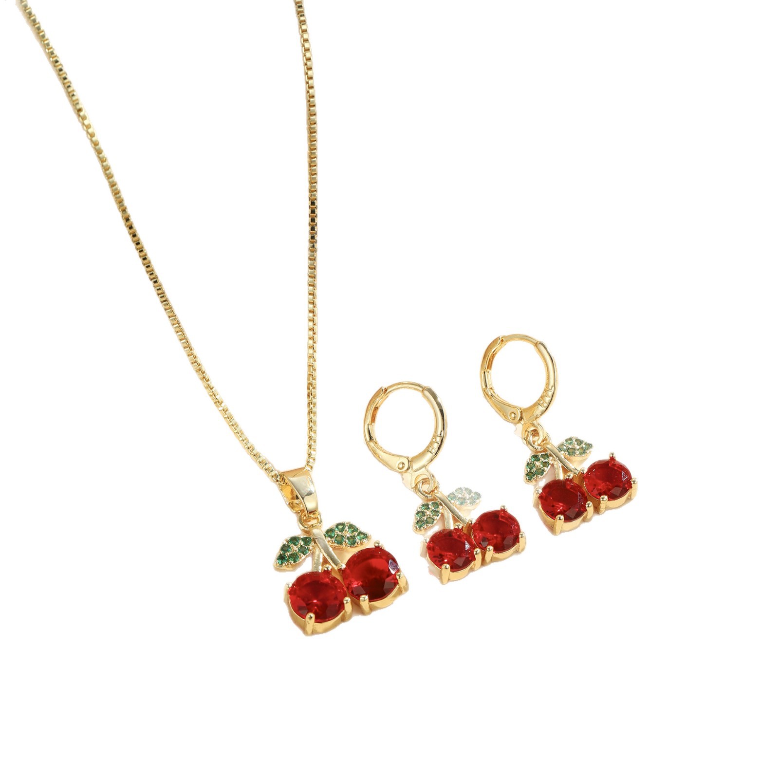 Nicho transfronterizo de moda collar de cereza roja conjunto de aretes serie de frutas de cobre dorado zircón clavícula hebilla de aretes image 6