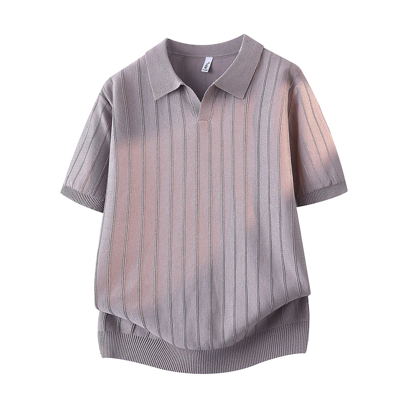 Polo camiseta de punto camiseta de manga corta hombre cuello V gaviota cuello viejo dinero viento rayas camiseta de hielo viejo dinero viento seda enfriamiento