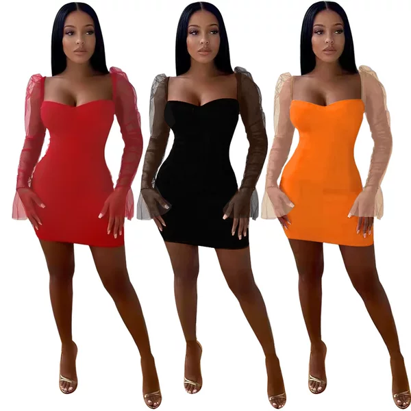 Fe209 European and American Fashion Style Sexy Solid Color Mesh Patchwork Dress
