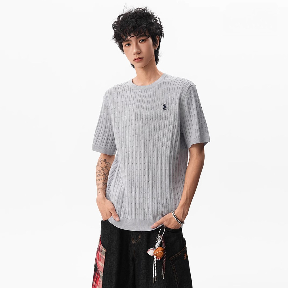 Camiseta de punto de manga corta camiseta masculina marcas de caballo bordadas viejas flores de negocios de hielo seda fábrica de verano transfronteriza al por mayor