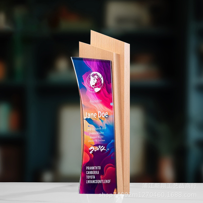 Trofeo de cristal de grabación reunión anual de competición de premios medallas de metal de madera sólida colorido trofeo de cristal impreso