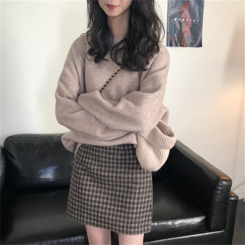 レトロ無地カジュアルラウンドネックプルオーバーセーター女性のための秋と冬の新しいアウターウェア韓国スタイルルーズ香港スタイルニットセータートップ|undefined
