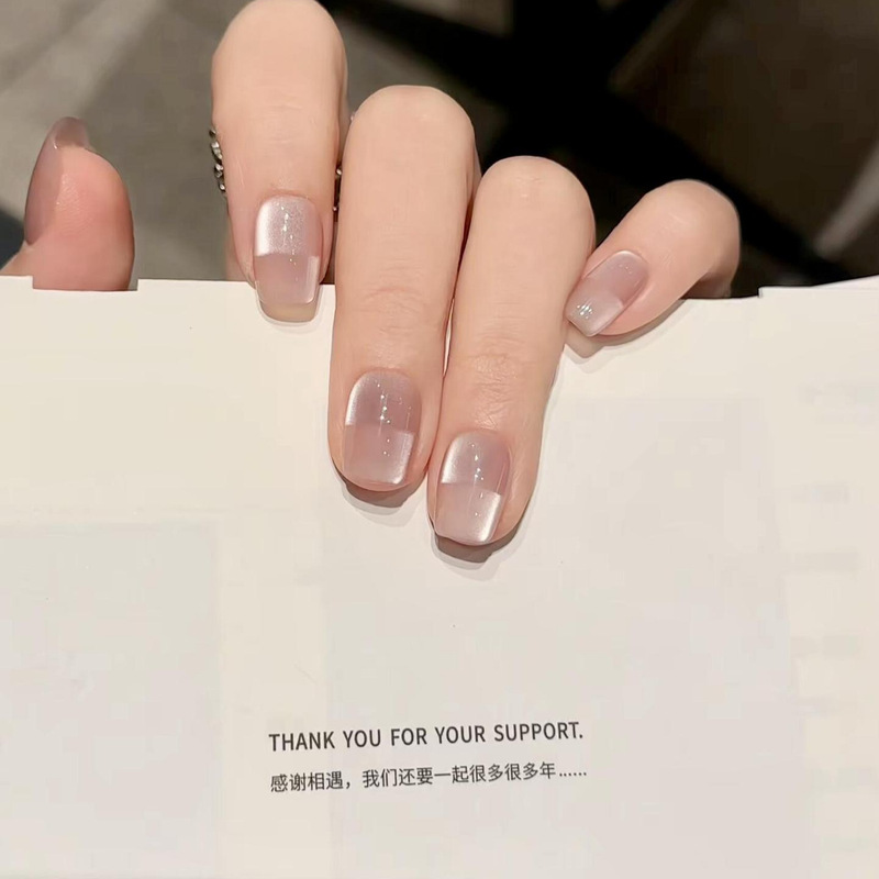 Casual Glass Bead Space Cat Eye Pure Handmade Wearable Nails High-End Nude Color Whitening Short Manicure Patch Fake Nails