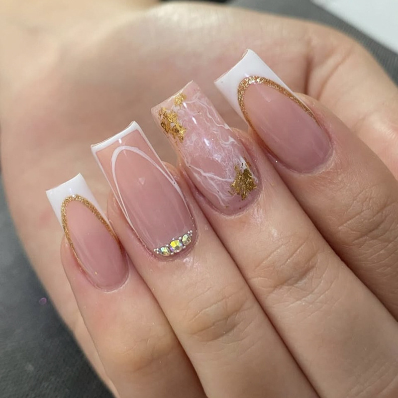 Wearing Armor Medium Rectangular White Gold Line French Edge Dye Steel Ball Diamond Removable Fake Nail Patch Wearing Armor Medium Rectangular White Gold Line French Edge Dye Steel Ball Diamond Removable Fake Nail Patch