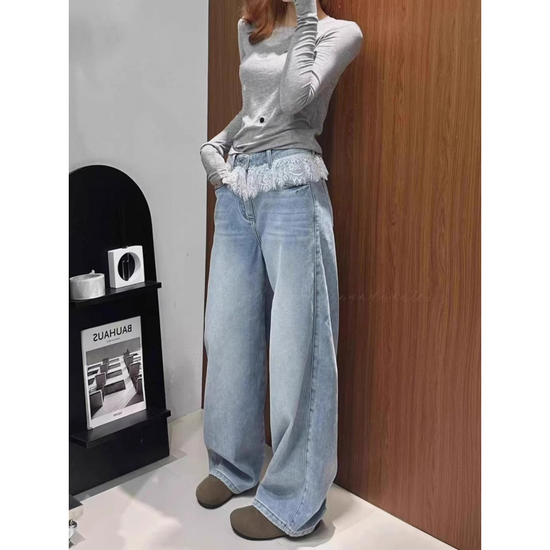 European Station 2025 New Designer Niche Lace Patchwork High Waist Jeans for Women