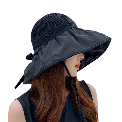 Summer Black Vinyl Bow Tie Sun Hat for Women, Lattice Striped Hat, UV Protection, Large Brim, Face Covering Sun Sunfish Hat