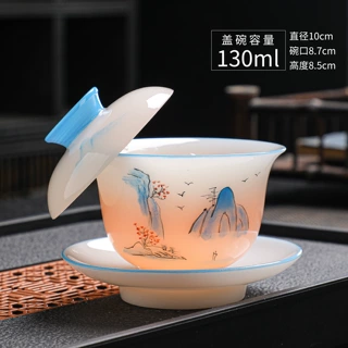 陶瓷悬停盖碗璞玉手绘釉下彩泡茶碗功夫茶具中式轻奢简约泡茶器