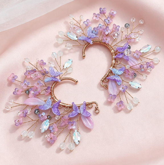 European and American style earrings with a high-end feel, purple forest-themed elf pearl cherry blossom non-pierced earrings, handmade crystal flower ear cuffs