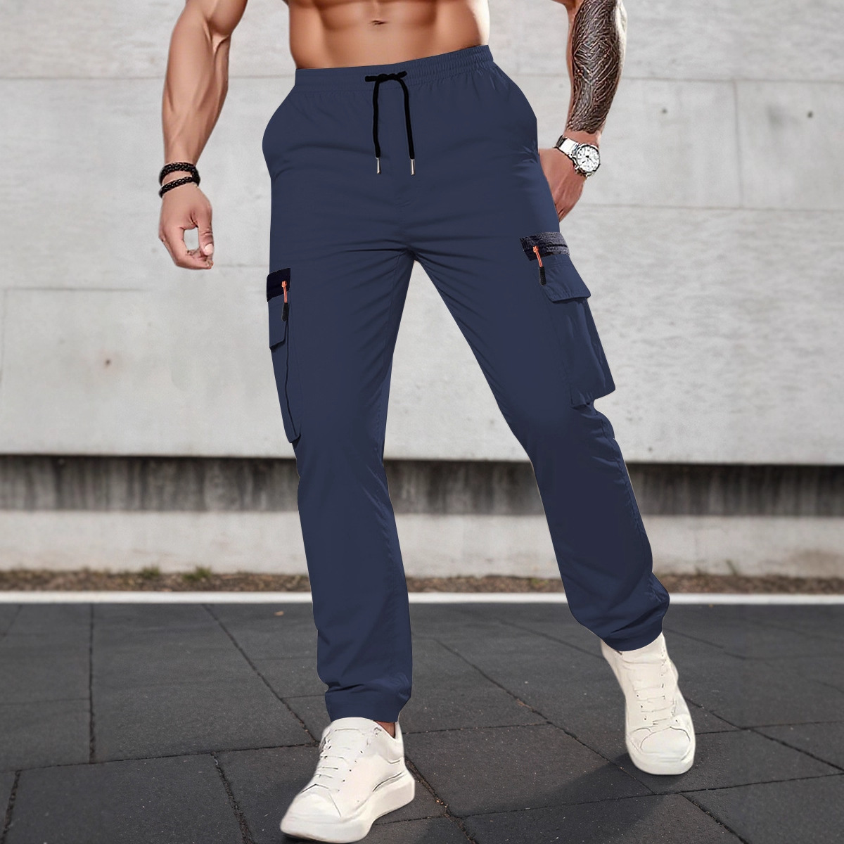 New Amazon Men's Cargo Pants European and American Independent Station Foreign Trade Drawstring Multi-Pocket Casual Long Pants