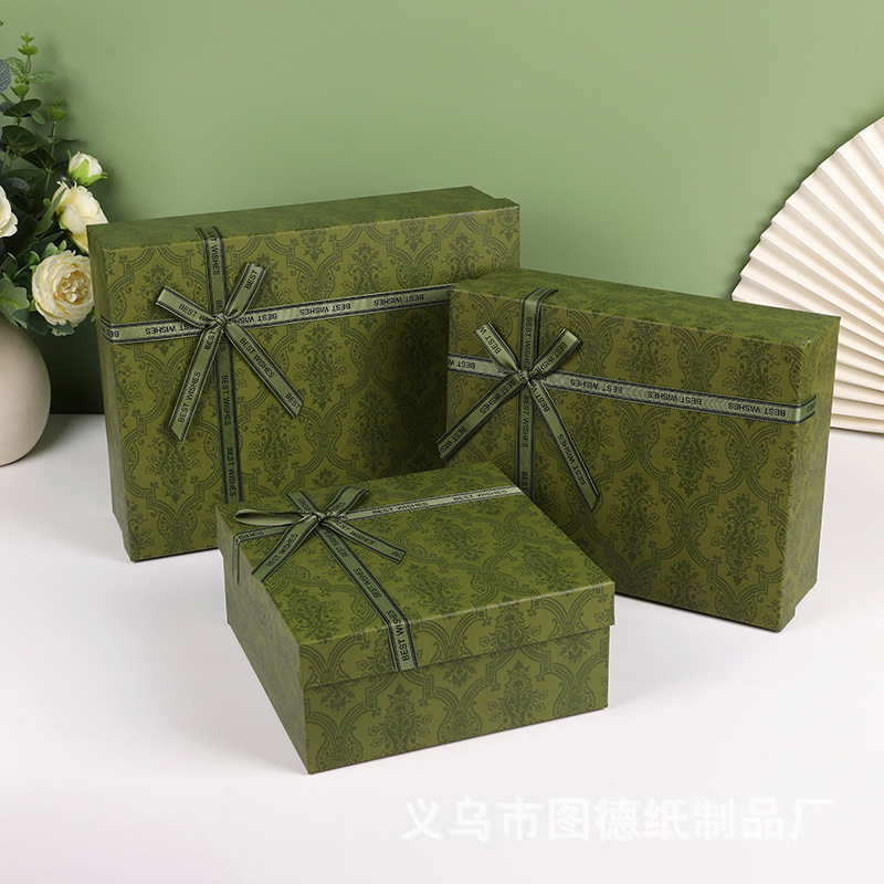 绿色蝴蝶结复古花纹礼品盒大号天地盖圣诞节伴手礼盒保温杯包装盒