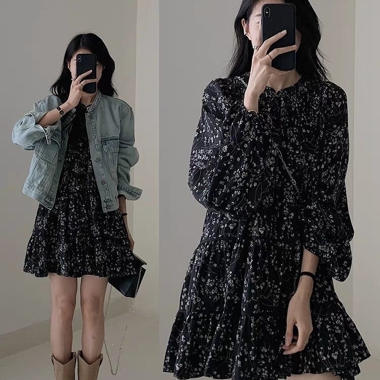 Black Floral Short Lantern-Sleeve Dress for Spring, Loose Long-Sleeve Style for Petite Women, French Style, Slimming New Model