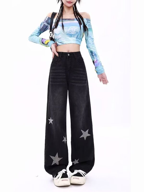 High Street Black Jeans Women's 2023 New Star Design Sense Niche All-match Slimming Straight Leg Wide-leg Pants