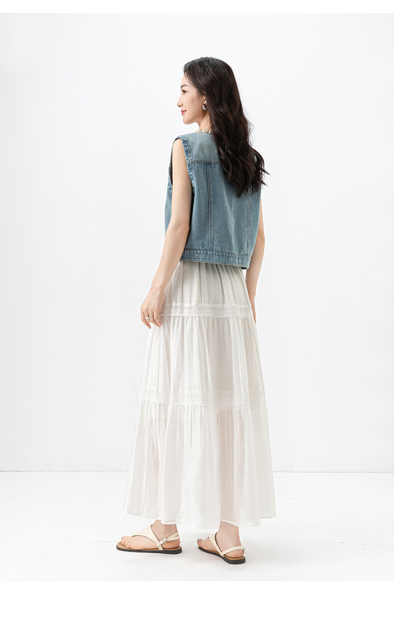 Chân váy chữ A xếp tầng ren phối lưới Tencel linen mỏng mùa hè kiểu Pháp — Màu trắng chi tiết 20