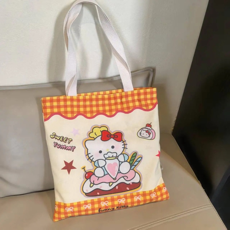 黄色のチェック柄ハローキティキャンバスバッグかわいいハンドバッグお出かけトートバッグ漫画学生通勤大容量|undefined