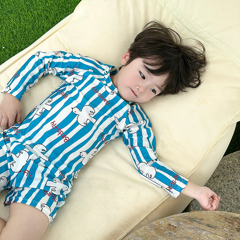 New Summer Children's Split Long-sleeved Swimsuit Sun-proof Quick-drying Swimsuit Cartoon White Pigeon Casual Beach Vacation Swimwear