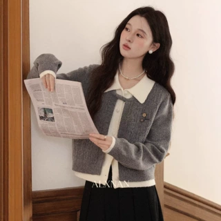 法式短款设计感早秋外套假两件灰色毛衣上衣女