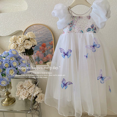 Children's Dress 2024 Spring and Summer New Girls' Elegant Bubble Sleeve Dress Baby Sparkling Butterfly Princess Dress